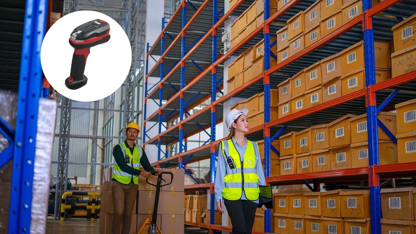 Rugged barcode scanner reading long-distance barcode on high shelves in a warehouse Rugged barcode scanner reading long-distance barcode on high shelves in a warehouse