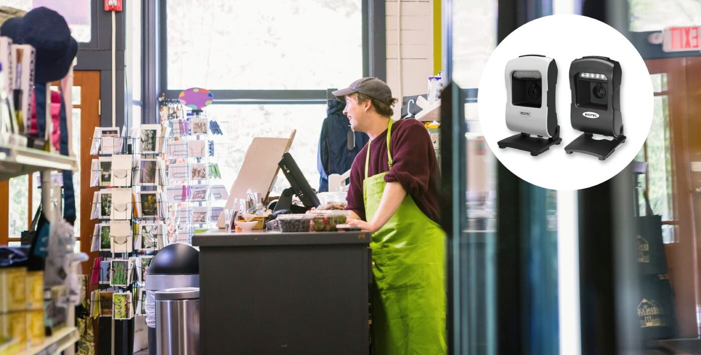 Presentation barcode scanner used at a retail counter for fast checkout Presentation barcode scanner used at a retail counter for fast checkout