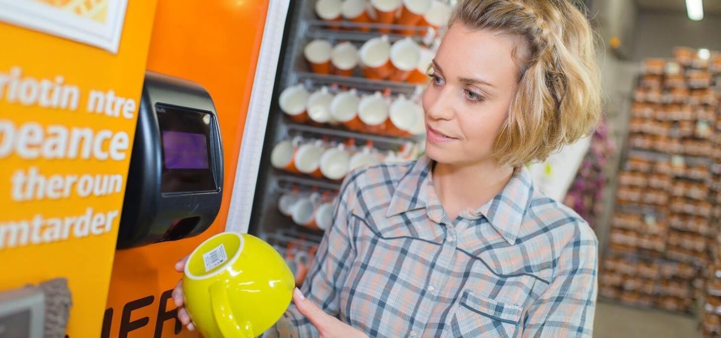 Customer using a price checker to scan the barcode on the bottom of a cup Customer using a price checker to scan the barcode on the bottom of a cup